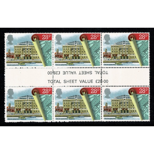 1984 Urban Renewal 28p. MISCUT GUTTER BLOCK OF SIX. SG 1247 var