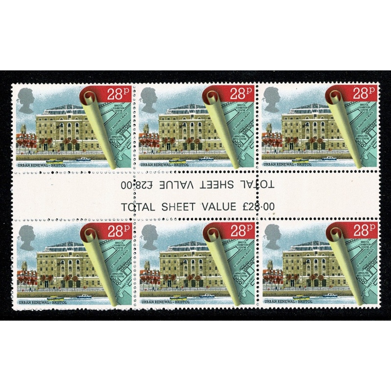1984 Urban Renewal 28p. MISCUT GUTTER BLOCK OF SIX. SG 1247 var