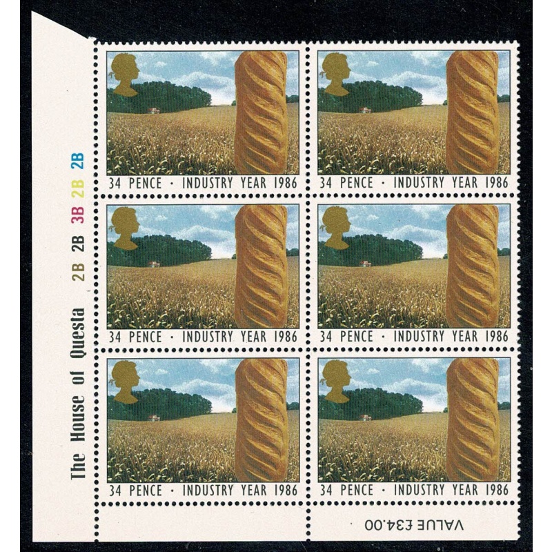 1986 Industry Year 34p. SCARCE Plate 2B 2B 3B 2B 2B  block of six SG 1311