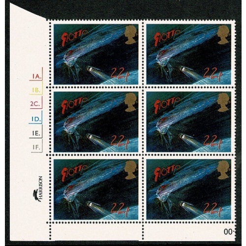 1986 Halley's Comet 22p. Cyl. 1A 1B 2C 1D 1E 1F  Dot block of six SG 1313