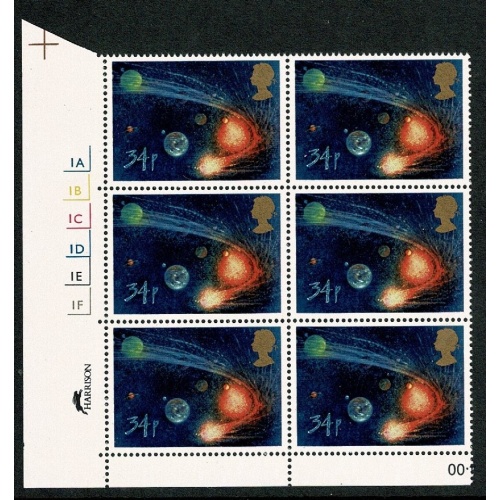1986 Halley's Comet 34p. Cyl. 1A 1B 1C 1D 1E 1F  No Dot block of six SG 1315
