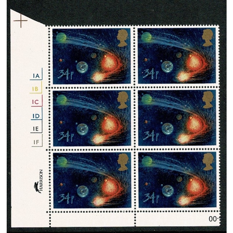 1986 Halley's Comet 34p. Cyl. 1A 1B 1C 1D 1E 1F  No Dot block of six SG 1315