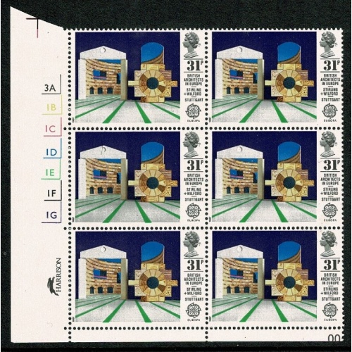 1987 British Architects in Europe 31p. Cyl. 3A 1B 1C 1D 1E 1F 1G No Dot block of six SG 1357