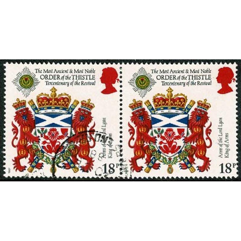 1987 Scottish Heraldry 18p. Very fine used pair. SG 1363