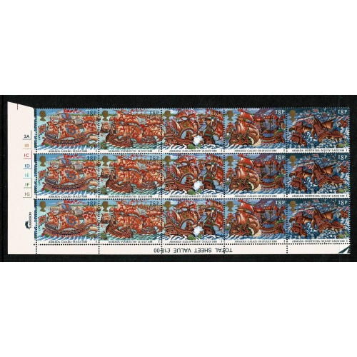 1988 Armada. 18p se-tenant strip of 5. Cyl. 2A 1B 1C 1D 1E 1F 1G no dot block of 15. SG 1400-1404
