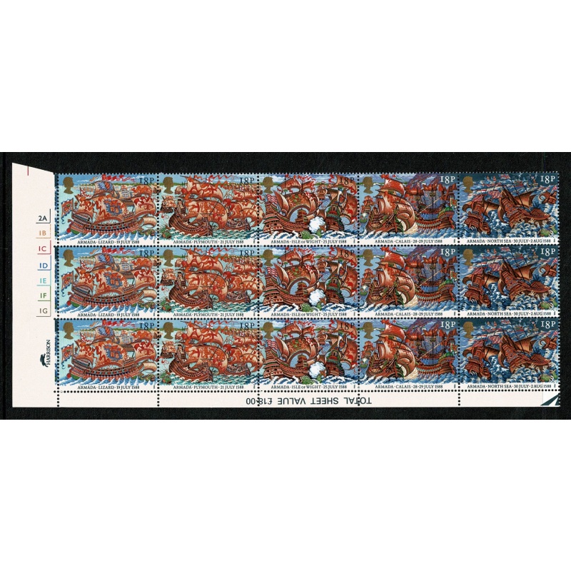 1988 Armada. 18p se-tenant strip of 5. Cyl. 2A 1B 1C 1D 1E 1F 1G no dot block of 15. SG 1400-1404