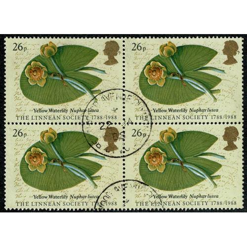 1988 Linnean Society 26p. Fine used block of four. SG 1381