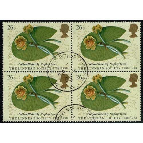 1988 Linnean Society 26p. Fine used block of four. SG 1381