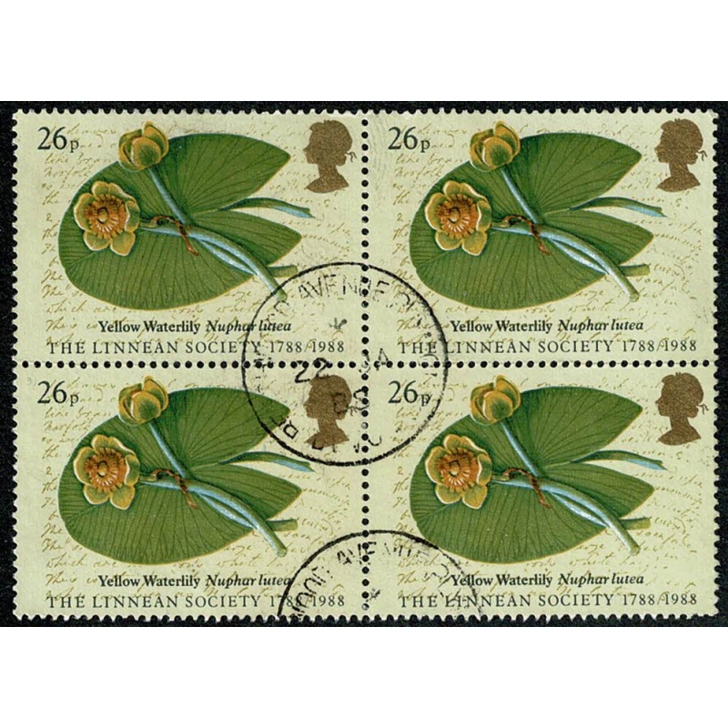 1988 Linnean Society 26p. Fine used block of four. SG 1381