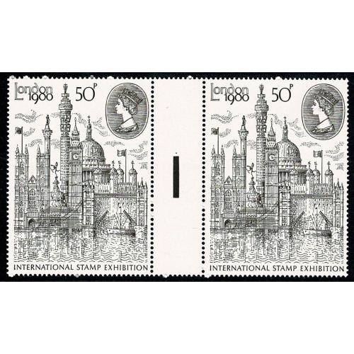 1980 London Stamp Exhibition 50p Type II. Vertical Bar Gutter Pair   1 dot