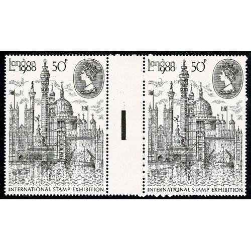 1980 London Stamp Exhibition 50p Type II. Vertical Bar Gutter Pair 3 dots.