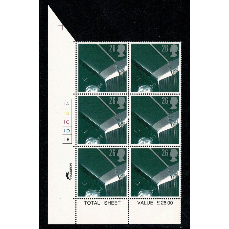 1996 Classic Sports Cars 26p. Cyl. 1A 1B 1C 1D 1E p41 No dot block of six SG 1946