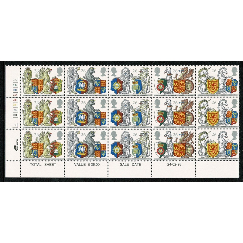 1998 Queen's Beasts 26p s/t strip MISSING PHOSPHOR. Cylinder block of 15.  SG 2026Eay