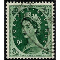 1954 Tudor Crown Wmk 9d bronze green . Very Fine Used single. SG 526