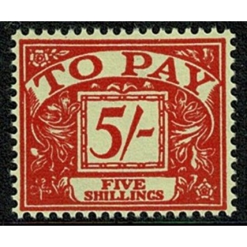 5/- scarlet on yellow. Watermark Crowns Sideways Inverted. UM single. SG D66Wi