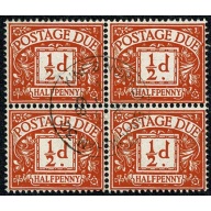 SG D56Wi. ½d bright orange. Wmk Sideways Inverted. VFU block of four