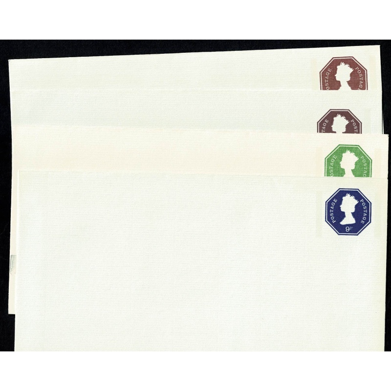 Set of 8 Envelopes Size P Letter Press design 120x235mm. 3½p 1 band, 4½p 2 bands, 5½p 1 band, 7p 2 bands, 6½p 1 band, 8½p 2 bands, 7p  1 band and 9p 2 bands. No place for postcode.