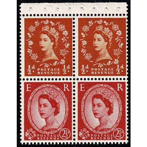 SG SB13. ½d / 2½d pane of four. Crowns WATERMARK SIDEWAYS TO LEFT. Perf AP