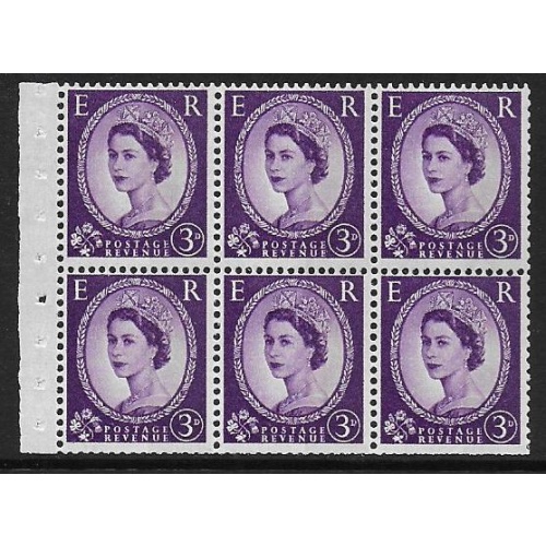 SB98Ab.  3d crowns wmk upright. Pane of six. 8mm Broad Band.