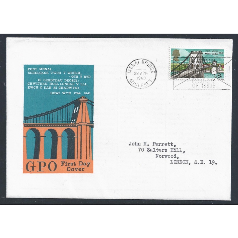 1968 Bridges 1/6. "MENAI BRIDGE" FDI Envelope cancel