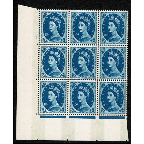 1966 10d Prussian blue 2B Wmk Multiple Crowns . Cylinder 1 no dot block of nine Perf Type A (E/I) SG 617d