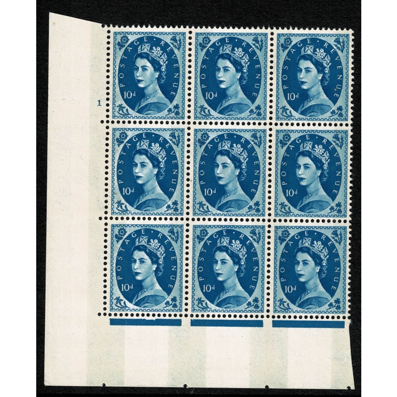 1966 10d Prussian blue 2B Wmk Multiple Crowns . Cylinder 1 no dot block of nine Perf Type A (E/I) SG 617d
