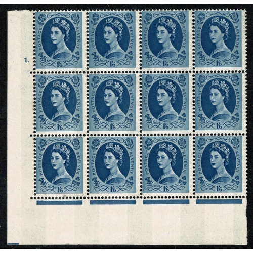 1966 1/6 grey-blue 2B Wmk Multiple Crowns . Cylinder 2 dot block of twelve with listed variety. SG 618a