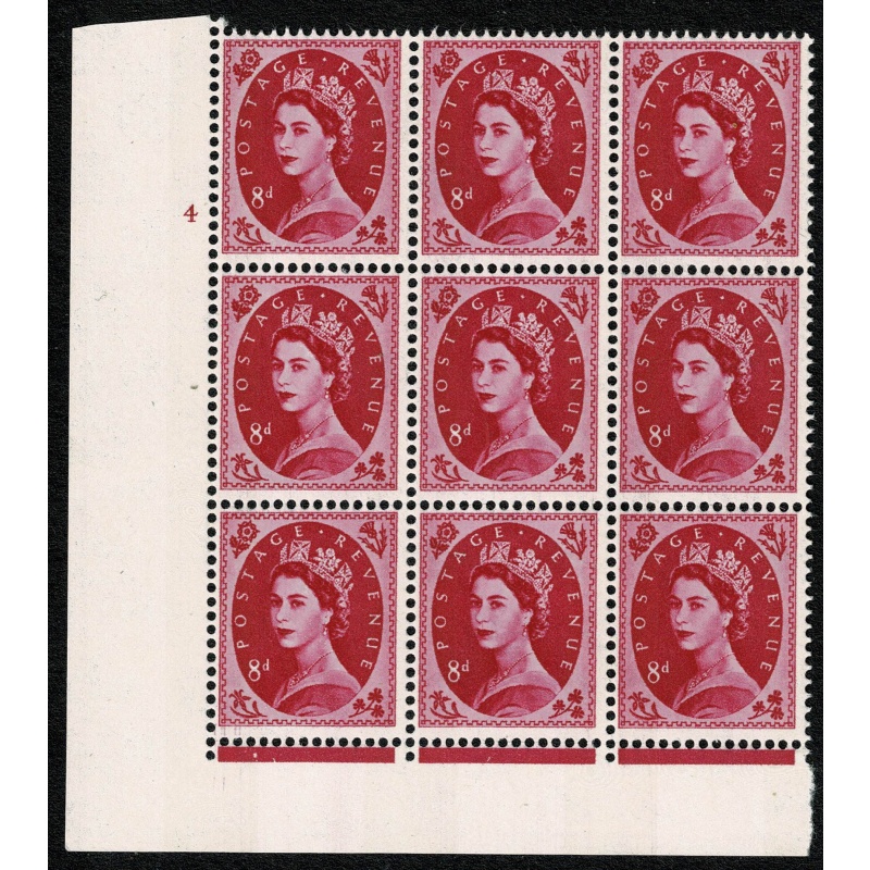1967 8d magenta 2B Wmk Multiple Crowns . Cylinder 4 no dot block of nine Perf Type F(L) (I/E) with listed variety. SG 617b
